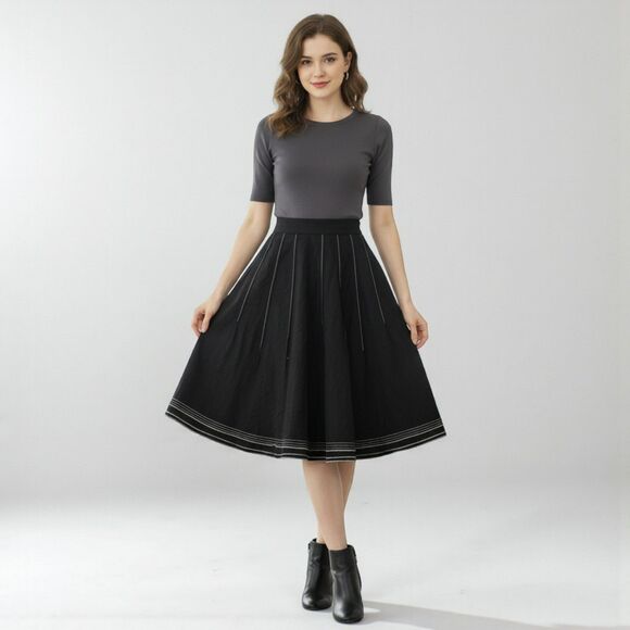 Emanuel Ungaro Black Flared Skirt Size 6 White Stitch Detail - Picture 1 of 14